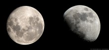 Pewnie poprawniej byłoby pokazać go w tej samej fazie na obu zdjęciach, ale z drugiej strony (bynajmniej nie Księżyca), tak obrazek jest bardziej urozmaicony ;)

Po lewej, Księżyc sfotografowany w Namibii, po prawej, już "nasz" ;)

Człowiek zwraca uwagę, że wszystko jest obrócone dopiero jak porównuje sobie bezpośrednio zdjęcia :P